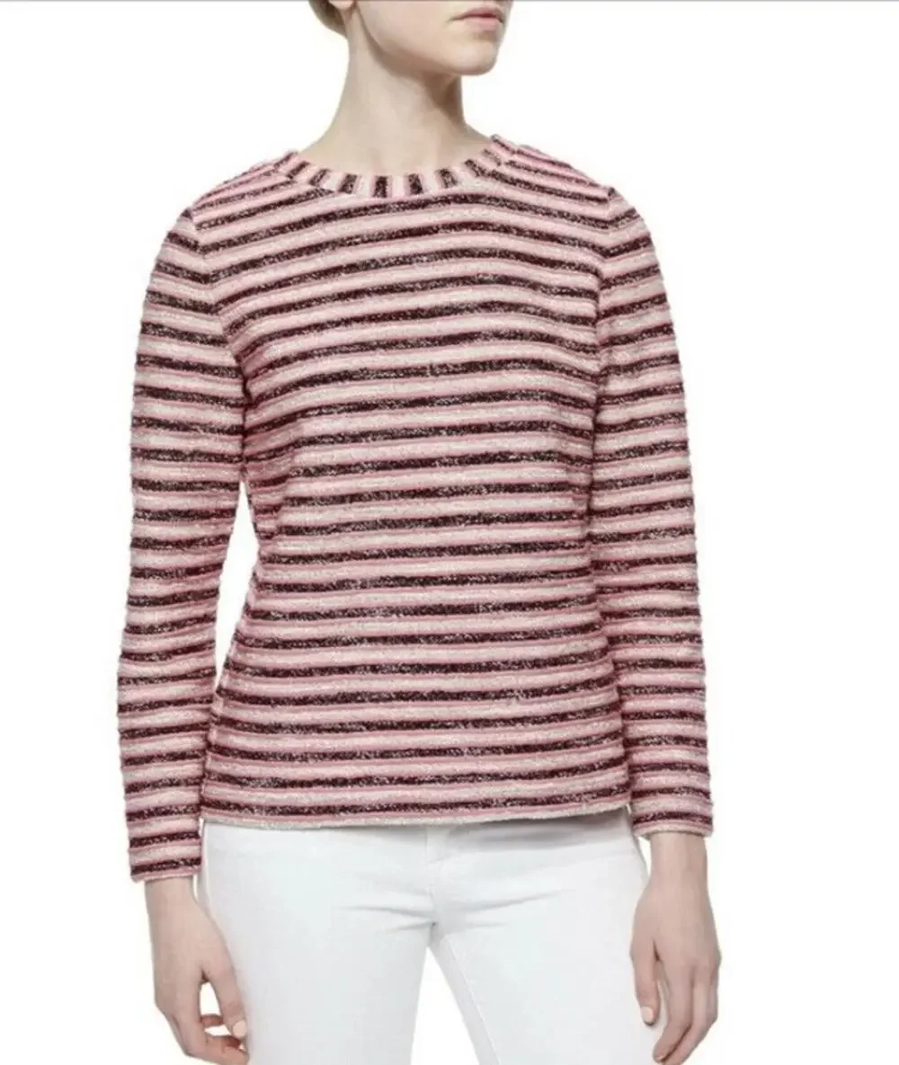 NWT Tory Burch Light Oatmeal Pink Knubby Terry Stripe Tweed Top Womens Small
